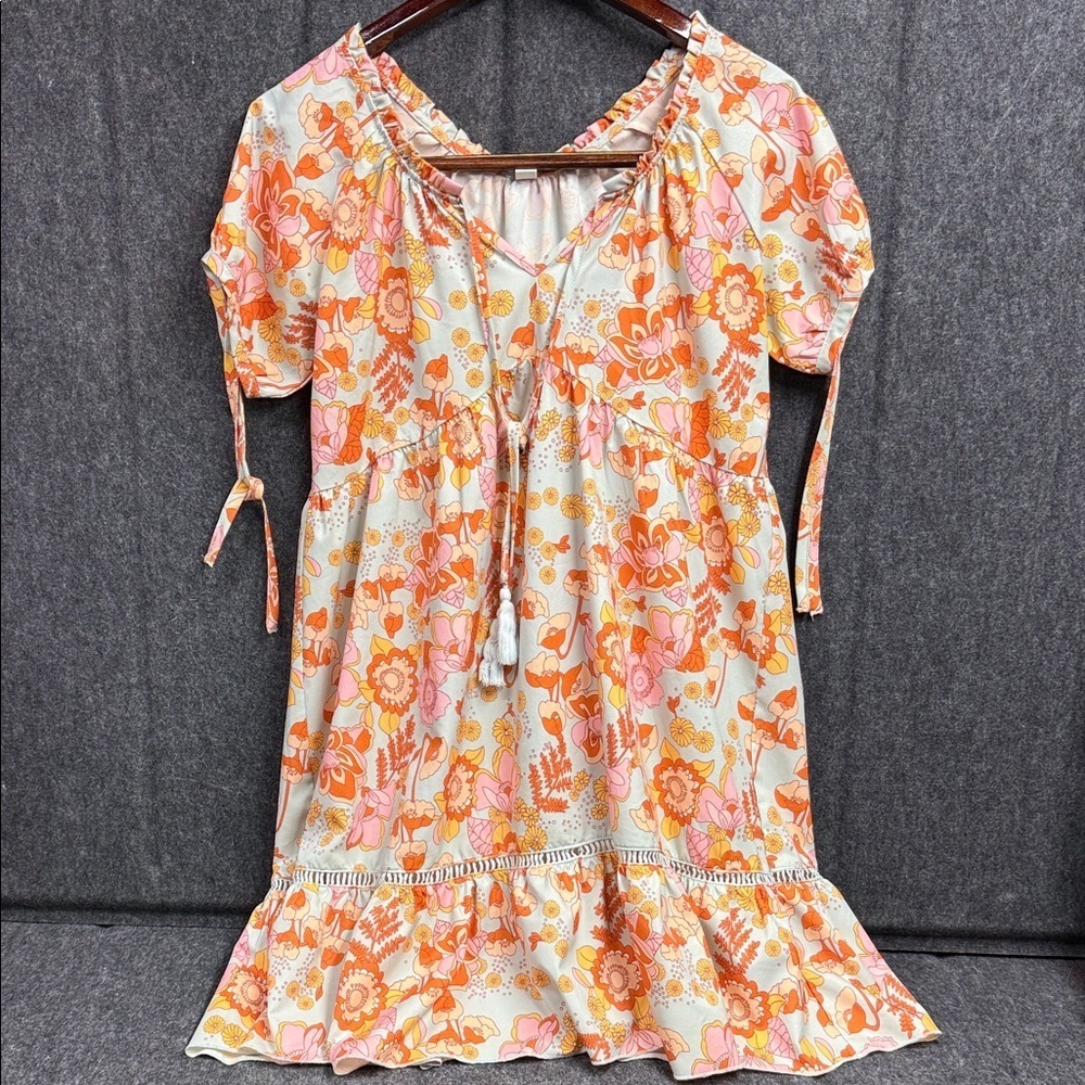 Source Unknown Floral Orange and Pink Midi Dress
